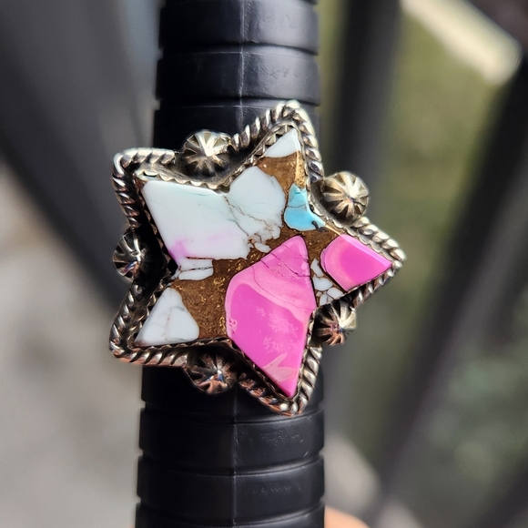 Handmade Sterling Silver 925 Cotton Candy Turquoise Star Ring Adjustable Size - Picture 7 of 8